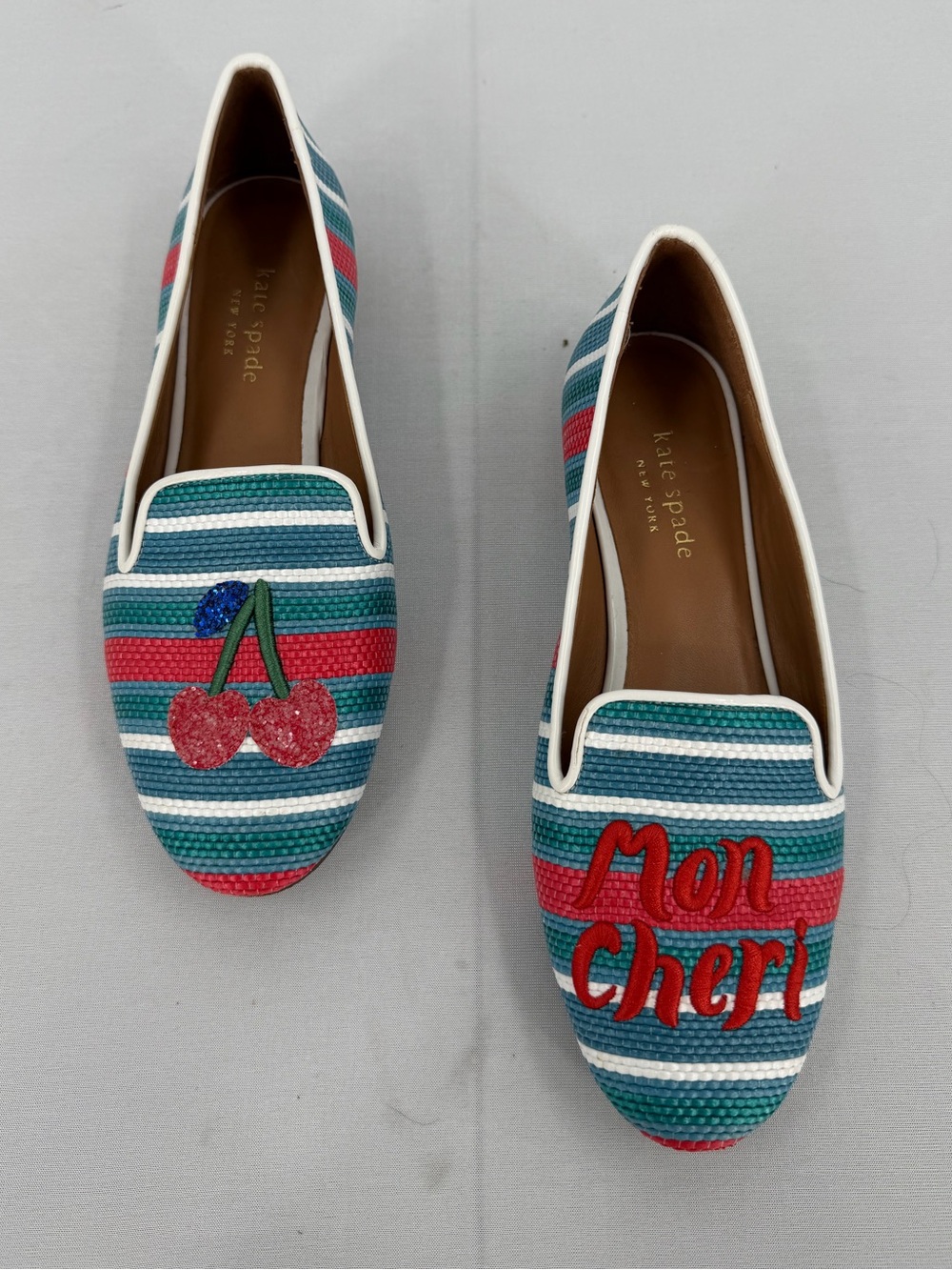 Kate Spade Cherries striped Raffia embroidered Loafers 6 whimsical vacation